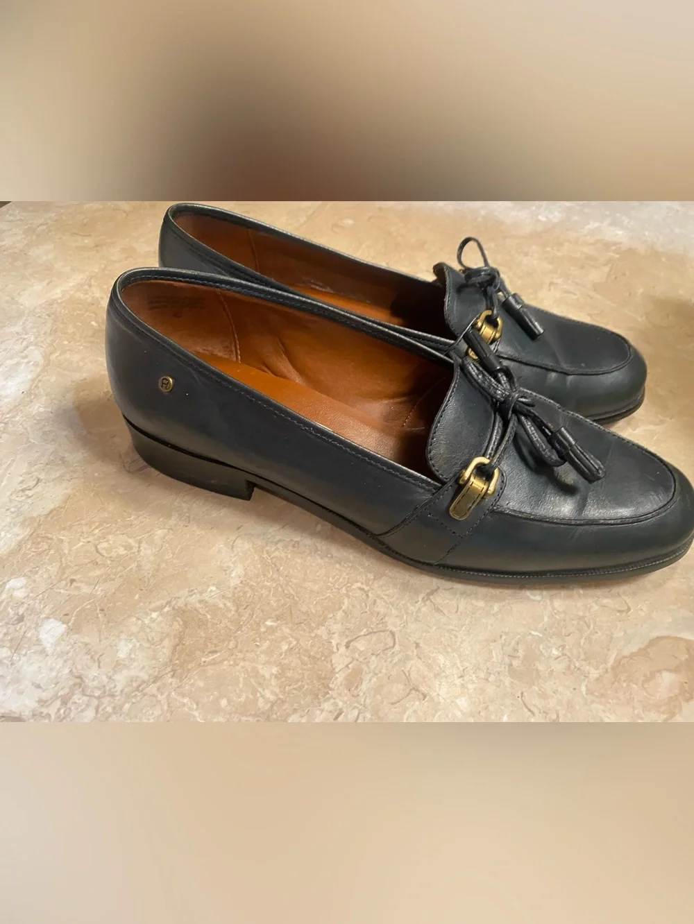 Etienne Aigner Navy Leather Tassel Loafers with Gold Bit